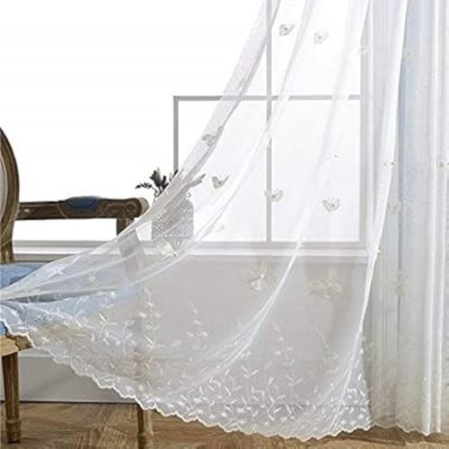 White Sheer Curtain for Girls Bedroom Rod Pocket Top Sweet Freshening Butterfly Embroidered with Pearls Semi Sheer Curtain Embroidery Window Treatment 1 Piece W54 x L84 inch