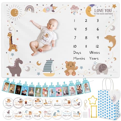 Leorate Monthly Milestone Blanket for Baby Ultra Soft Plush Photo Calendar Monthly Growth Chart, 60"x40" Newborn Month Blanket for Baby Pictures Perfect for Baby's First Year Growth Chart