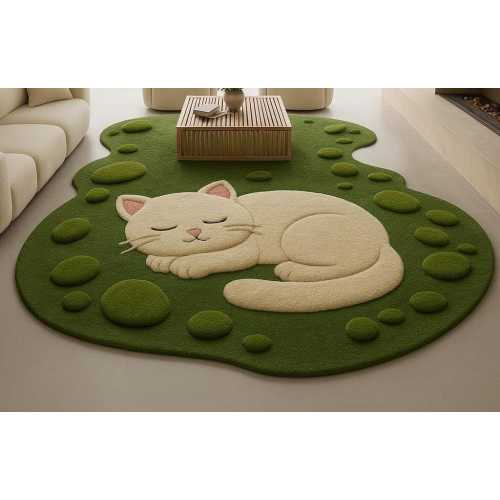 Hand Tufted  |  Sleeping Carpet | Moss Green & Cream Area  | Kids Room Nursery Decor Rug