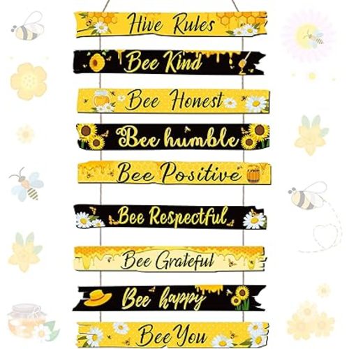 Jetec Bee Decor Plaque Gift Bee Sign Hive Rules Wall Decor Christmas Daisy Ornament for Xmas Home Spring Daisy Sunflower Decorations for Living Room Kitchen(Black, Yellow)