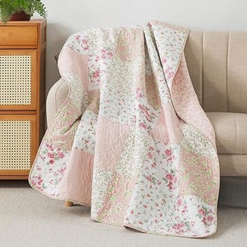 Soul & Lane Blush Bloom Quilted Throw Blanket - 50" x 60": 100% Cotton Floral Quilt in Blush and Pink, Roses Patchwork Lap Quilt