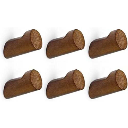 Wood Wall Hooks for Hanging, 6 Pack Hat Hooks for Wall, Decorative Wall Hooks, Coat Hooks Wall Mounted, Heavy Duty Entryway Wall Hangers (Walnut)