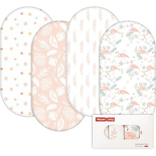 Gllquen Baby Bassinet Sheets 4 Pack, Breathable Cozy Fitted Mattress Sheet, Elastic Travel Crib Fashionable Pattern, Standard Cradle Safe Sheets for Baby Boys Girls 32"x16"(Flamingo Garden)