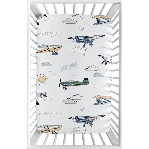 Sweet Jojo Designs Vintage Airplane Boy Fitted Mini Crib Sheet Baby Nursery Infant Newborn Bed Room Portable Pack n Play Mattress Grey Green Blue White Yellow Airplanes Plane Transportation Clouds Sun