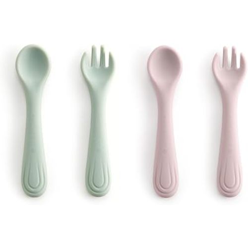 Bc Babycare Toddler Forks and Spoons Set, Silicone Toddler Utensil Set for Baby, Self Feeding Baby Feeding Spoon and Fork for Boys and Girls 2 Pack Green & Pink