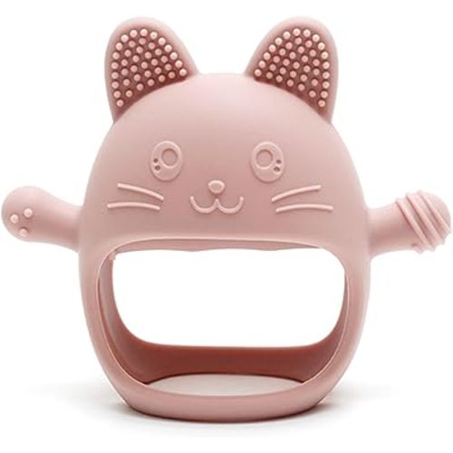 Baby Teethers, BPA Free, Anti Dropping, Baby Teething Toy for 0-6 6-12 Months, Food Grade Silicone Teething Mitten, Hand Teethers Baby Chew Toys for Sucking Needs, Teething Relief, Pink Cat