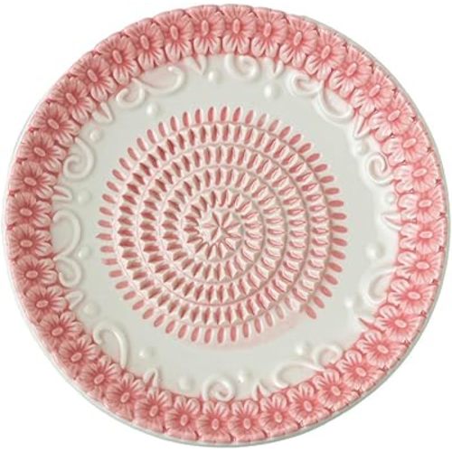 BonCera, All-in-one Premium Ceramic Garlic Grater Plate 4-Piece Set - Pink Embossed Design and Style - For Garlic, Ginger, Chocolate, and more! - Comes with 5.25" Plate, Peeler, Brush, and Stand