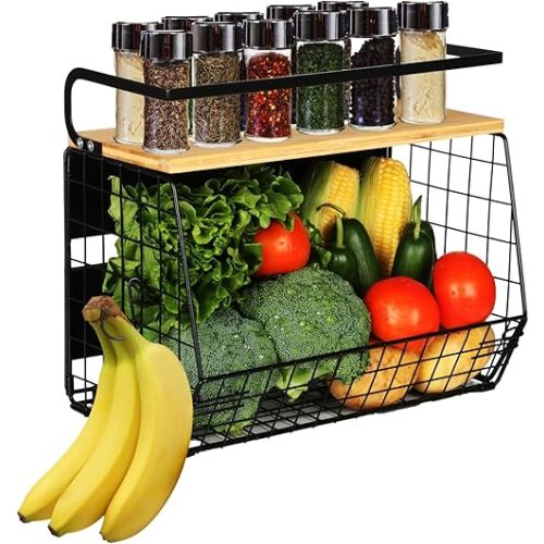 Magnetic Shelf for Fridge with Wood Lid, Fruit Potato and Onion Storage Bins, Pantry Organizers & Storage, Large Container Magnetic Spice Rack for Refrigerator, Kitchen Counter, Cabinet
