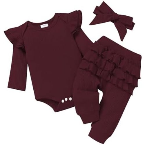 Baby Girl Clothes Newborn Romper Long Sleeve Infant Outfits 3Pcs Ruffle Tops + Pants + Headband