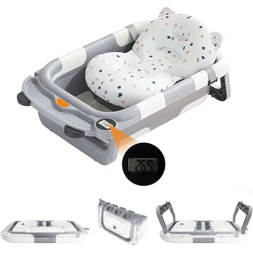 Collapsible Baby Bathtub for Babies and Toddlers Aged 0-36 Months Portable Baby Bathtub with Thermometer and Soft Pad Foldable Newborn Bathtub with Drainage Function,Perfect for Travel and Home-Gray