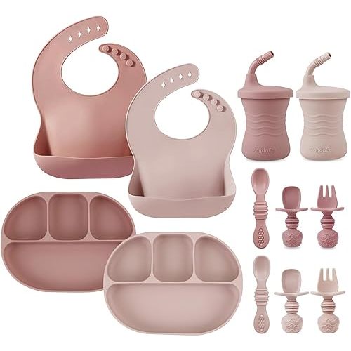 PandaEar 12PCS Silicone Baby Feeding Set | 2 Sectioned Baby Suction Plate, 2 Baby Bibs, 2 Toddler Cup, 4 Baby Spoons & 2 Baby Forks | Baby Led Weaning Supplies