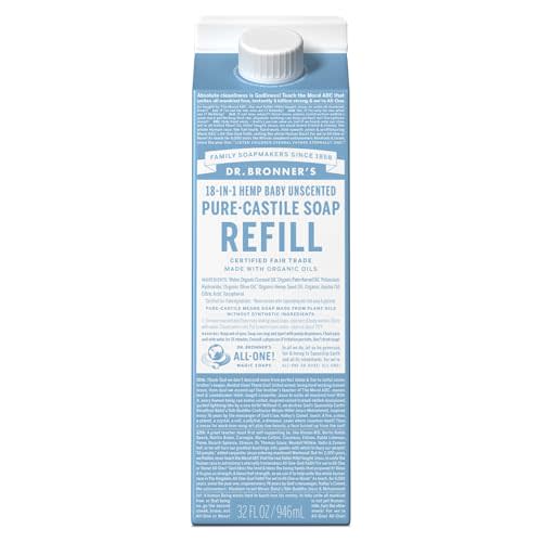 Dr. Bronner's Pure-Castile Liquid Soap Refill - Made with Regenerative Organic Certified Oils, 82% Less Plastic - 18-in-1 Uses, For Face, Body Wash, Hand Soap Refill & More - Baby Unscented, 32oz