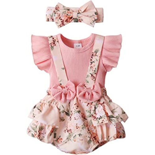 Newborn Baby Girl Clothes Infant Romper Floral Suspender Dress Ruffle Sleeve Onesie Outfit Jumpsuit Headband Spring Summer