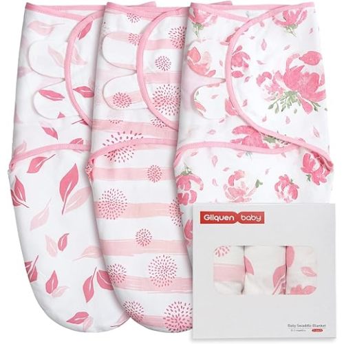 GLLQUEN BABY Girl Swaddles 0-3 Months - 3 Pack Baby Swaddles Sack for Newborn, Infant Sleep Sack, Easy Swaddling Wrap, A Pink Floral, Nursery Swaddle Blankets Essentials