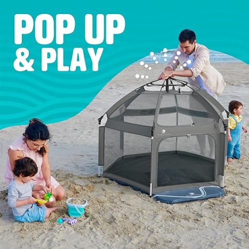 POP 'N GO Baby Playpen - Indoor & Outdoor Playpen for Babies and Toddlers - Baby Beach Tent, Foldable, Portable W/Canopy & Travel Bag - Pop Up Pack and Play Yard - Anchor Grey