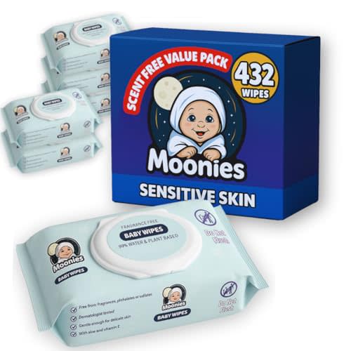 Moonies Baby Wipes – 72ct Wipes (6-pack, 432 Total Wipes) – Extra Gentle, Fragrance-Free, 99% Water, Eczema-Safe, 100% Biodegradable Plant Based
