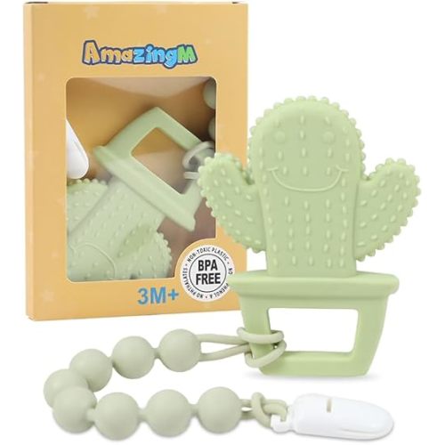 Baby Food Grade Silicone Teether Toy with One Piece Design Pacifier Clip Holder,Teething Pain Relief Toys Gift Set for 3 Months+ Boys and Girls,Freezer Safe,BPA Free. (Cacuts)