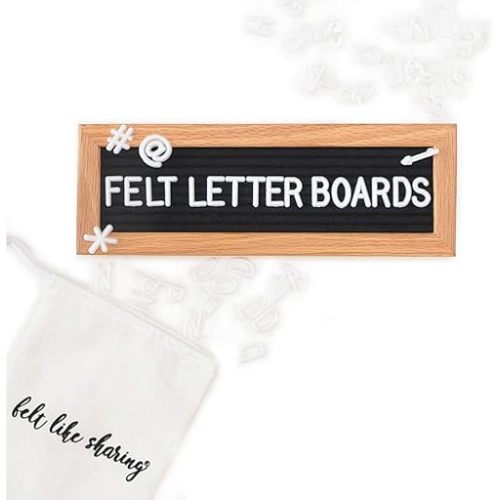 Small Felt Letter Board with Letters and Numbers, Message Board W/Oak Frame, 10 x 3.5 Inches, Changeable Letter Board, Includes 150 3/4 Inch White Plastic Letters for Signs, Black Felt Letter Board