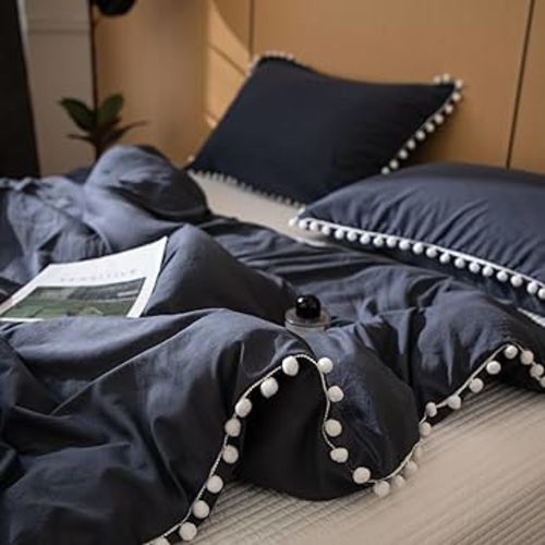 Bedbay Navy Blue Twin Comforter Set Farmhouse Rustic Bedding Boho Comforter Sets Soft Fluffy Shabby Chic Bedding Twin Bed Set Ball Fringed Room Decor Aesthetic Bedding 2 Pieces(Navy,Twin)