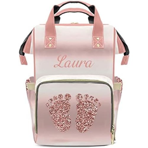 Pink Print Feet Diaper Bags Custom Name Backpack Personalized Baby Nappy Travel Tote Bag for Mom Gift