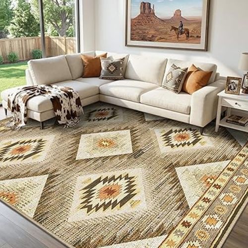 Area Rug 8x10 Rug Machine Washable Non-Slip Low Pile Print Pattern Western Rug for Living Room Bedroom Entryway Tribal Series -Cream/Camel