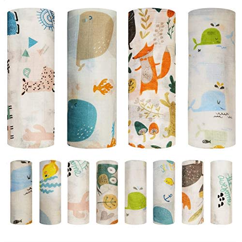 Baby Swaddle Blanket and Washcloths Set,12 Pieces Muslin Bamboo Baby Swaddle Wrap and Wash Cloths Unisex for Boys and Girls, 4 Pack for 40 x 40 Inches and 8 Pack for 9 x 9 Inches