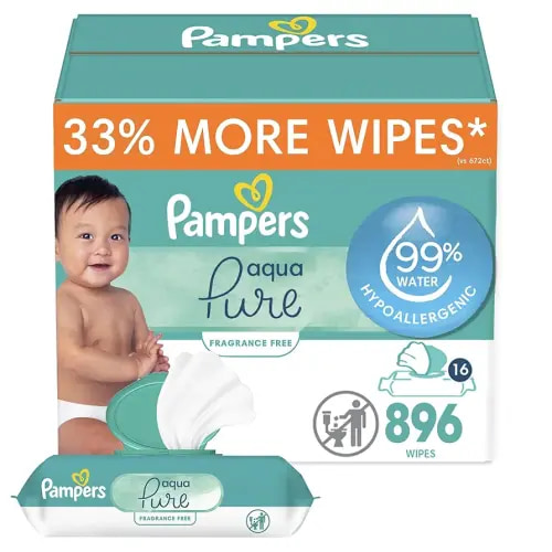 Pampers Baby Wipes Aqua Pure, 99% Water Based Wipes, Hypoallergenic and Unscented Infant Wipe, 896 Total (16 Flip-Top Packs)