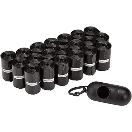 Amazon Basics Standard Dog Poop Bags With Dispenser and Leash Clip, Unscented, 300 Count, 20 Pack of 15, Black, 13 Inch x 9 Inch