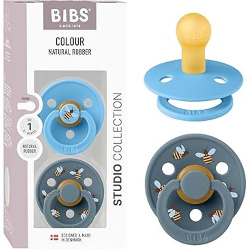 BIBS Studio Soother 2-Pack, BPA Free Dummy Pacifier, Round Nipple. Natural Rubber Latex, Made in Denmark, Size 1 (0-6 Months), Breeze/Petrol