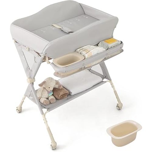 BABY JOY Portable Baby Changing Table, Foldable Diaper Changing Station w/Wheels, Adjustable Height, Large Storage Rack, Water Basin, Safety Belt, Mobile Nursery Organizer for Newborn Infant (Gray)