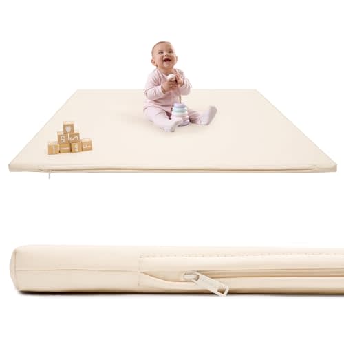 LANSBER 48x48 Beige Baby Play Mat - Extra Thick Waterproof Vegan Leather, Soft and Easy-to-Clean Floor Mat for Crawling & Play