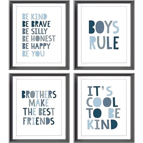 Brothers Make The Best Friends Boys Rules Affirmations Poster Prints for Home Boys Room Playroom Nursery Classroom Decor,Boho Navy Blue Colors Decorations Prints Wall Art Unframed 4pcs 8x10 Inches