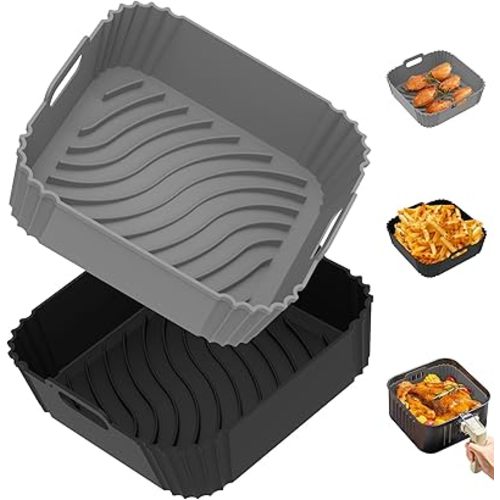 Redfly 2 Pack Air Fryer Silicone Liners, Square Airfryer Liners, Silicone Air Fryer Liners Reusable for 4-6 QT, Air Fryer Accessories Replacement for Parchment, Airfryer Liners Silicone Gray&Black