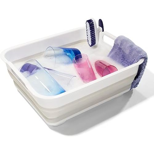 Madesmart Collapsible Dishwashing Basin with Handles, Plastic Pop-Up Dish Wash Basin for Kitchen Counters, Gray/White