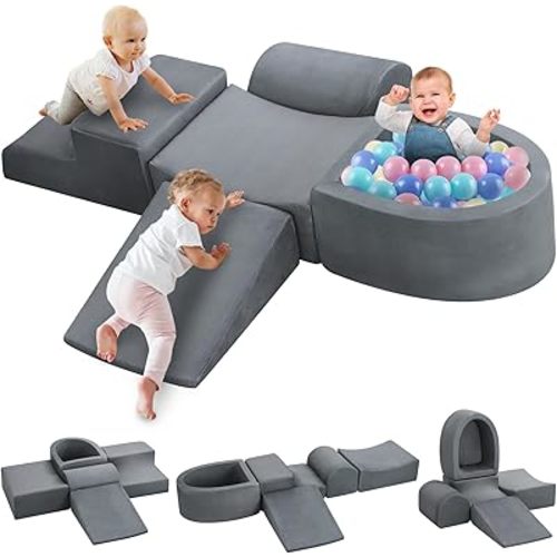 Toddler Soft Play Climbing Toys,5 Pcs Foam Climbing Blocks and Ball Pit for Toddlers,Kids Baby Climbing Blocks Foam Indoor Playground Gym Set (Grey) 1