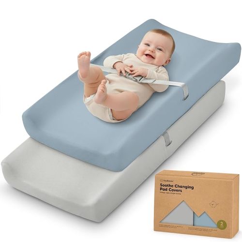 2-Pack Organic Changing Pad Covers for Girl, Boy, 100% Cotton (Steel) | 34x18, Soft Diaper Changing Table Pad Cover, Contour Baby Changing Pad Sheets, Gender Neutral Liners, Nursery Dresser, Fitted