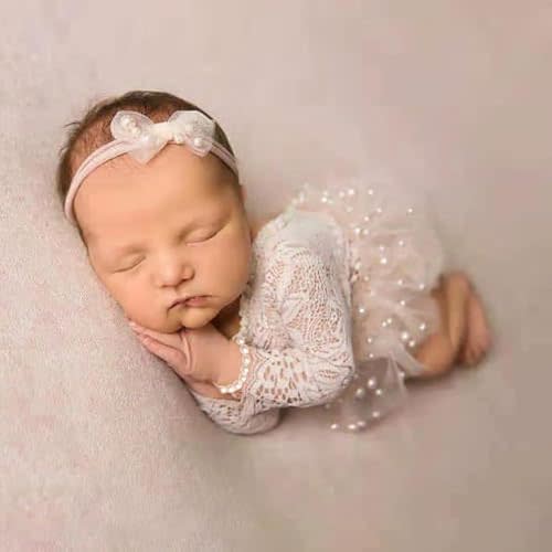 Newborn Lace Romper, 2 PCS Baby Girl Photography Props, Newborn Girl Photography Outfits with Flower Headband for Infants