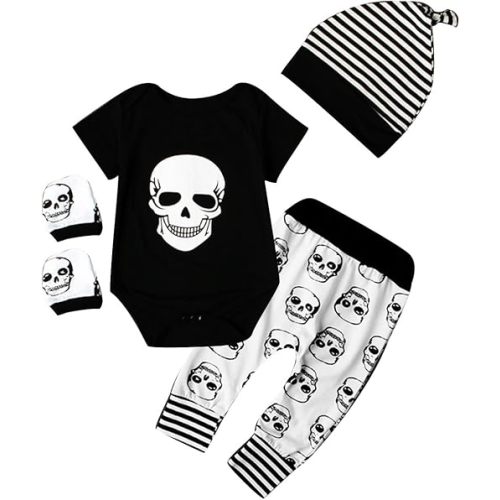 puseky 4pcs Newborn Baby Boys Clothes Skull Romper+Pants+Hat+Mitten Baby Boy Halloween Outfit Set