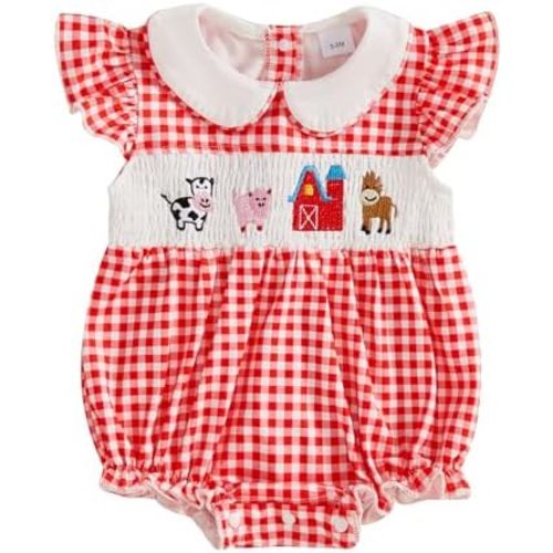 Newborn Baby Girl Farm Clothes Chicken Embroidey Bubble Smocked Romper Plaid Bowknot Western Country Bodysuit Shirt