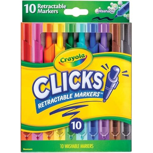 Crayola Clicks Retractable Tip Markers (10ct), Cone Tip, Washable Art Marker Set for Kids, Long Lasting Coloring Book Supplies, No Dry, 3+
