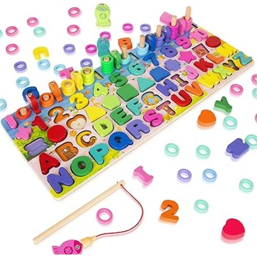 Wooden Magnetic Puzzles for Toddlers, 5-in-1 Color Alphabet Shape Number Sorting Fishing Game Toys, Educational Math Stacking Block Learning Jigsaw Board, Gift for 3-6 Year Old Boys and Girls