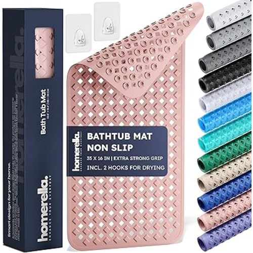 homerella® Bathtub Mat Non Slip 35x16, Incl. Hooks for Drying, Extra Long, 100% BPA Free, Shower Mat Non Slip Anti Mold, Machine Washable, Shower Mats for Inside Shower Mildew Resistant