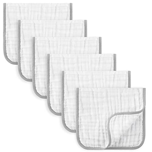 MUKIN Baby Muslin Burp Cloths Pack of 6, Ultra Soft Cotton Burping Cloths for Unisex Newborn Babies, 20'' by 10'' Neutral Milk Spit Up Rags Boys Girls - Baby Nursing Essentials Must Haves. (Grey)