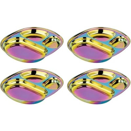 Ahimsa Stainless Steel Kids Plates | Pediatrician Designed | Balanced Bites Divided Plates for Toddlers | Non Toxic & 100% BPA Free | Dishwasher Safe | Set of 4 (Rainbow)