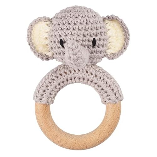 Joliecraft Safari Animals Wooden Baby Rattle Toys Stuffed Crochet Rattle with Teether Ring for Newborn, Gray Elephant