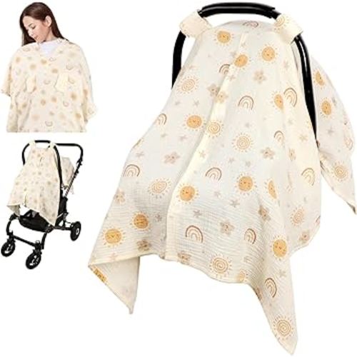 Car Seat Cover Baby Girls Boys, Summer Cotton Baby Car Seat Cover for Carseat, Comfortable Muslin Nursing Cover, Soft Baby Blanket, Breathable Lightweight Infant Stroller Canopy, Rainbow