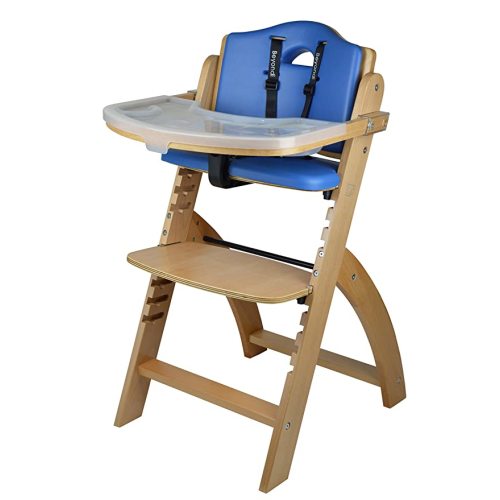 Abiie Beyond Wooden High Chair with Tray. The Perfect Adjustable Baby Highchair Solution for Your Babies and Toddlers or as a Dining Chair. (6 Months up to 250 Lb) (Natural Wood - Blue Cushion)