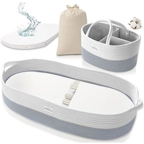 Baby Changing Basket Set w/Large Matching Diaper Caddy, Foam Changing Pad & Water Repellent Cover, Premium Cotton Rope Moses Baskets Changing Table Topper, Wipe Clean, Built-in Security Strap