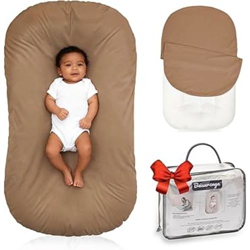 Baby Lounger for Newborn - Snuggle Cozy Me Lounger | Breathable Soft Cotton, 0-24 Months Portable Playtime Baby Nest, Newborn Baby Essentials Gifts- Brown (1 Lounger + 1 Cover)
