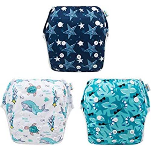 Babygoal Baby & Toddler Boy and Girl Swim Diapers, Reusable Adjustable Washable One Size Fits 6M-3T Gifts and Swimming Lessons 3 Pack 3ZSD07